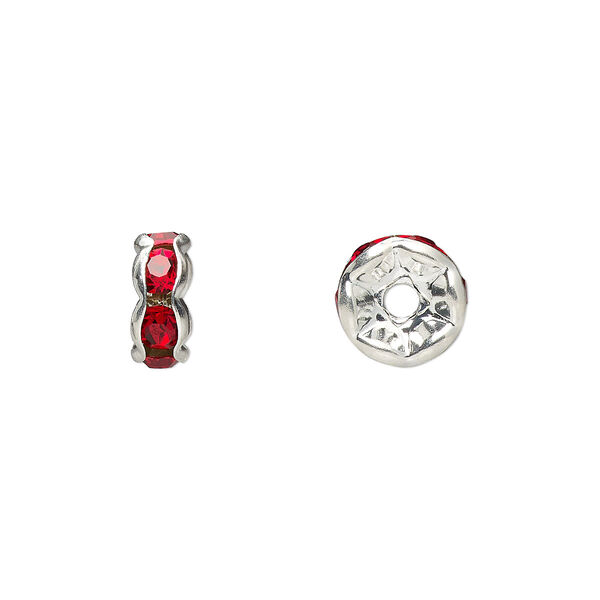 Bead, glass rhinestone and silver-plated brass, red, 8x4mm rondelle. Sold per pkg of 10. image number 0
