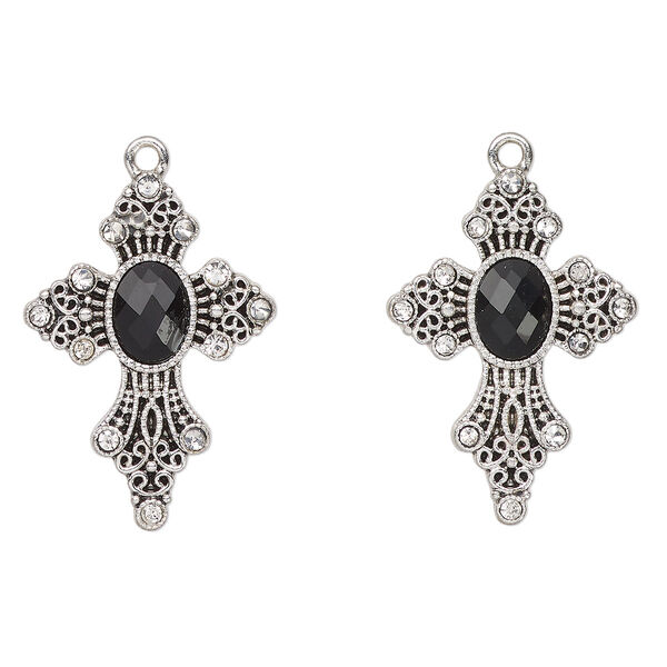 Focal, antique silver-finished "pewter" (zinc-based alloy) and glass, clear and black, 30x26mm fancy cross. Sold per pkg of 2. image number 0