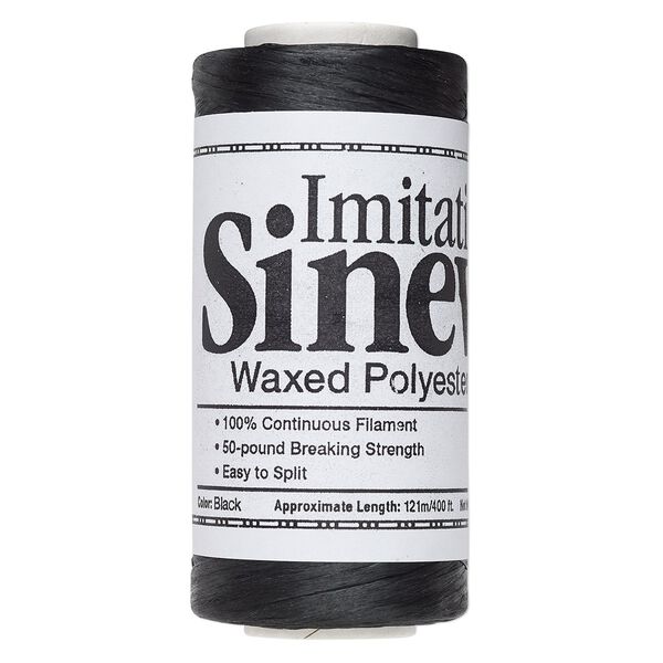 Cord, imitation sinew and waxed polyester, black, 2mm diameter, 50-pound test. Sold per 400-foot spool. image number 0