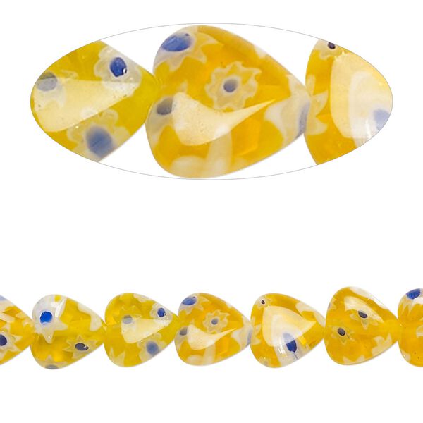 Bead, millefiori glass, translucent yellow-orange / blue / white, 7mm-9x8mm puffed heart. Sold per 14-inch strand. image number 0