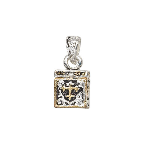 Drop, antique silver- and gold-finished "pewter" (zinc-based alloy), 12x11mm cube prayer box with cross and swirl design with magnetic closure. Sold individually. image number 0