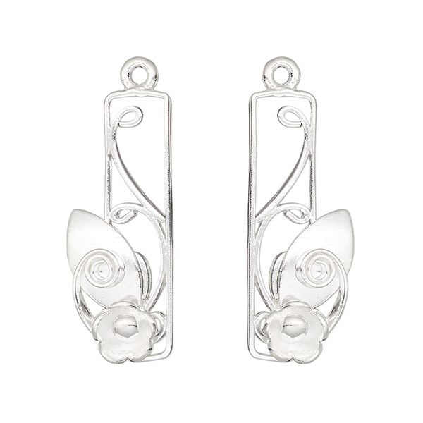 Focal, Hill Tribes, silver-plated brass, 30x11mm single-sided left- and right-facing open rectangle with flower / leaf / spiral design. Sold per pkg of 2. image number 0