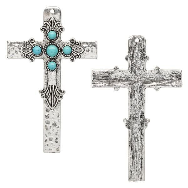 Focal, "turquoise" (resin) (imitation) and antique silver-finished "pewter" (zinc-based alloy), turquoise blue, 69x42mm single-sided cross. Sold individually. image number 0