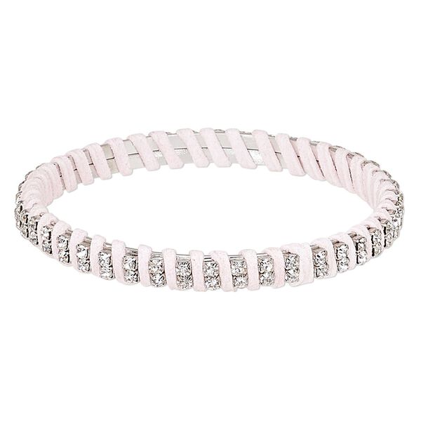 Bracelet, bangle, glass rhinestone / leatherette / silver-plated steel, pink and clear, 7mm wide with cupchain, 8 inches. Sold individually. image number 0