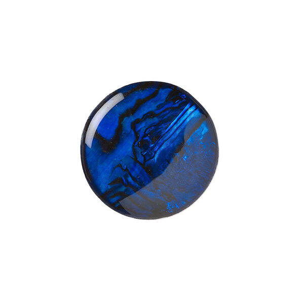 Cabochon, paua shell (coated / dyed), blue, 20mm calibrated round, Mohs hardness 3-1/2. Sold per pkg of 2. image number 0