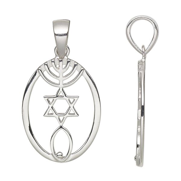 Pendant, sterling silver, 26x19mm single-sided oval with Messianic Seal. Sold individually. image number 0