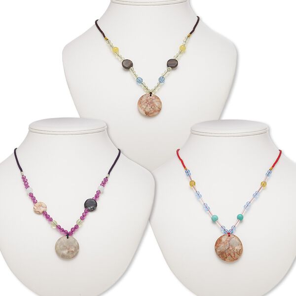 Multi-gemstone / acrylic / glass 1pkg3, round pendant necklace mix continuous loop 20 inch 29-35mm image number 0