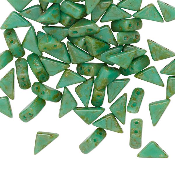 Bead, Tango™, Czech pressed glass, opaque Picasso green turquoise, 8x6x6mm triangle with (2) 0.7-0.8mm holes. Sold per 10-gram pkg, approximately 65 beads. image number 0