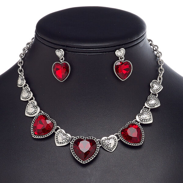Necklace and earring set, glass / stainless steel / antique silver-coated plastic / antique silver-plated brass / steel / "pewter" (zinc-based alloy), red, heart, 15" to 16" necklace with 2-inch extender chain and lobster claw clasp, 27mm earrings with post. Sold per set. image number 0