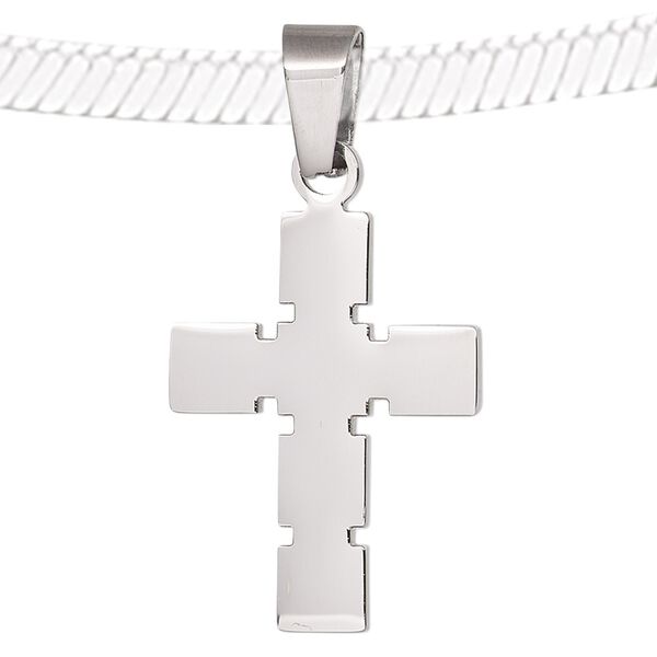 Pendant, stainless steel, 32x20mm double-sided notched cross. Sold individually. image number 0