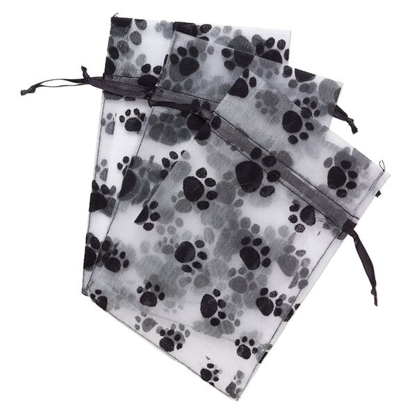 Pouch, satin and flocked organza, grey and black, 6x4-inch rectangle with paw prints design and drawstring. Sold per pkg of 12. image number 0