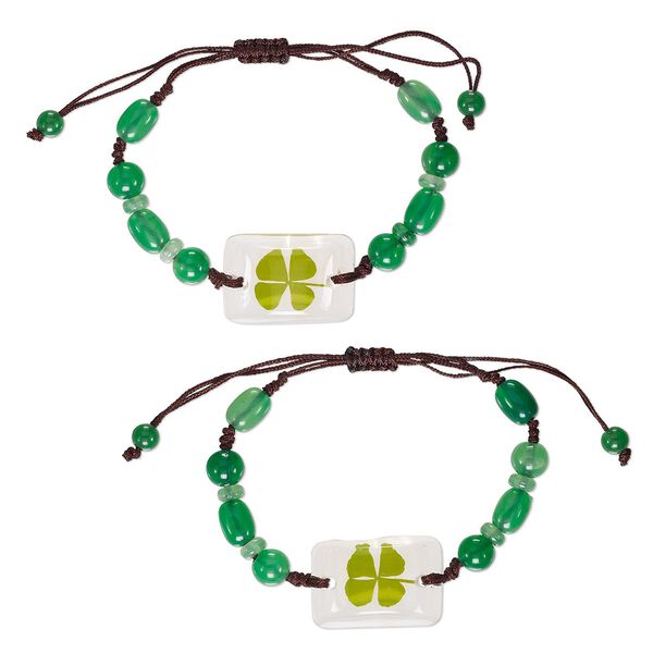 Bracelet, resin / 4-leaf clover / cotton, green / clear / brown, 8mm round / 10x7mm oval / 28x19mm domed rectangle, adjustable from 5-9 inches with macramé knot closure. Sold per pkg of 2. image number 0