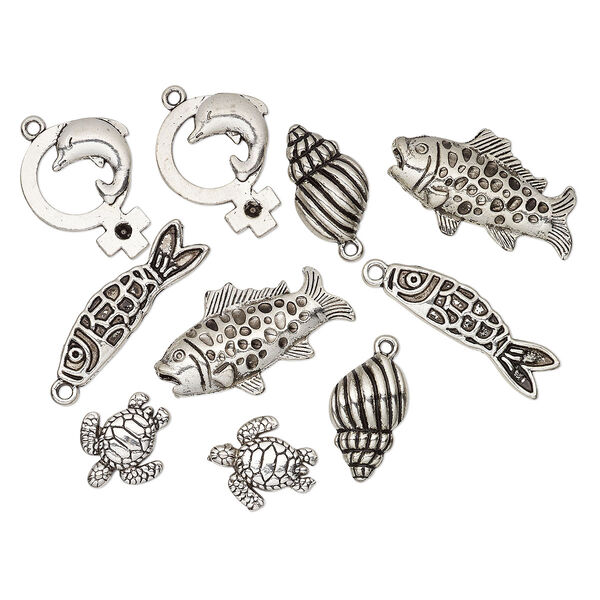 Bead and charm, antique silver-plated "pewter" (zinc-based alloy), 18x16mm-34x20mm assorted sea creature. Sold per pkg of 10. image number 0
