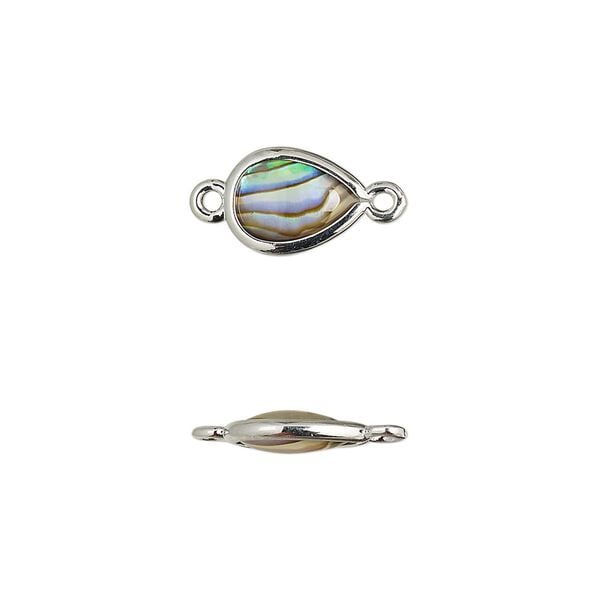 Link, paua shell and imitation rhodium-finished brass (assembled), 10.5x7mm-11.5x8mm double-sided teardrop. Sold per pkg of 4. image number 0