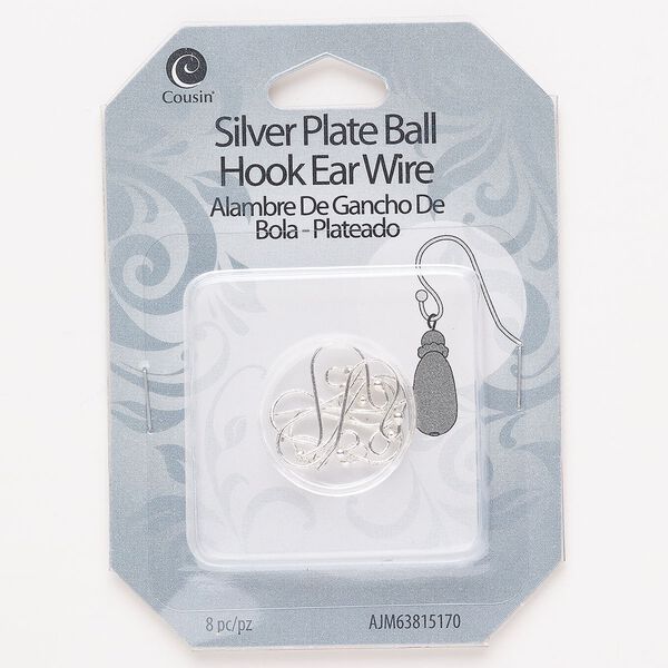 Ear wire fishhook 1pkg8, 12mm / 2mm ball, 21 gauge silver-finished brass 4 pair image number 0