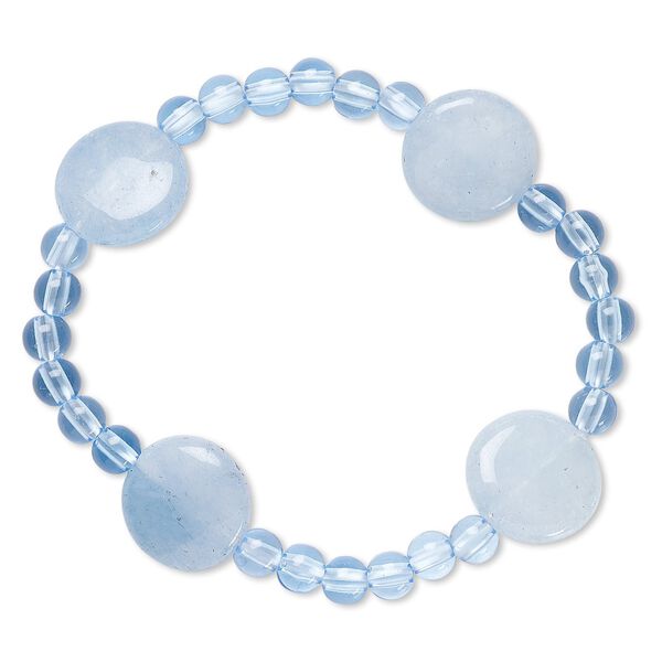 Bracelet, stretch, quartz (dyed) and acrylic, blue, 5mm round and 16-17mm flat round, 7 inches. Sold individually. image number 0