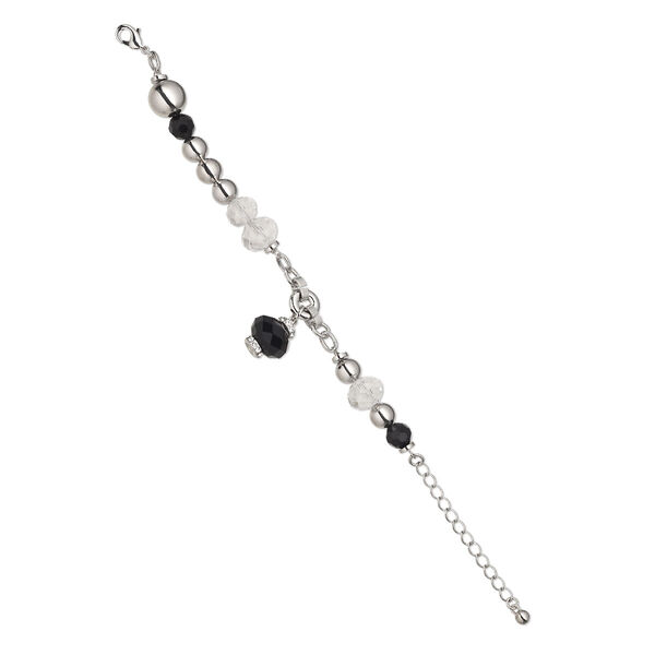 Bracelet, glass rhinestone / glass / silver-coated plastic / rhodium-finished steel / "pewter" (zinc-based alloy), black and clear, 12mm wide with rondelle and 14x13mm drop, 5-1/2 inches with 2-inch extender chain and lobster claw clasp. Sold individually. image number 0