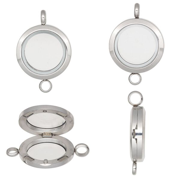 Pendant, glass and stainless steel, clear, 32x25mm hinged round with 17.5x4mm inside diameter and magnetic closure with loop. Sold individually. image number 0