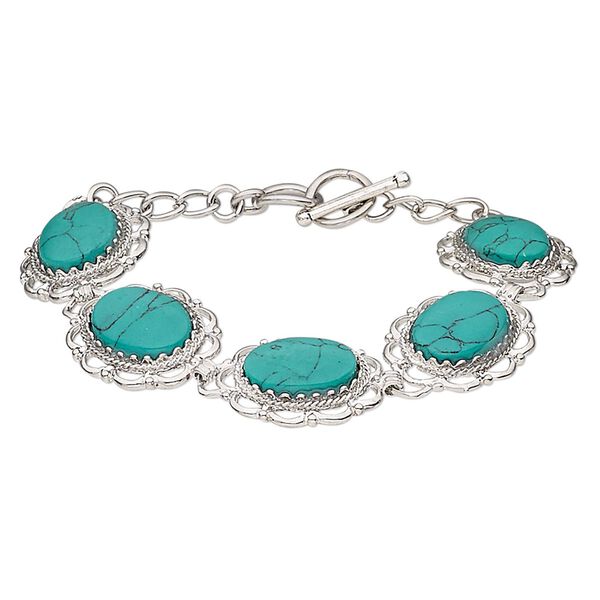 Magnesite / brass / steel 1pkg1, silver-plated oval bracelet / 6.5-7 inch / toggle clasp / 23mm image number 0