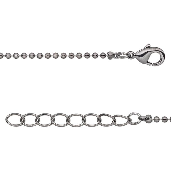 Chain, gunmetal-plated brass, 1.5mm ball, 7-1/2 inches with 1-1/4 inch extender chain and lobster claw clasp. Sold per pkg of 6. image number 0