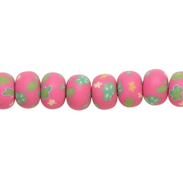 Bead, polymer clay, opaque pink / green / yellow, 8x6mm rondelle with flower design. Sold per 15-1/2" to 16" strand. image number 0