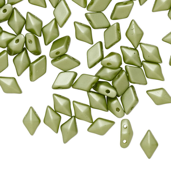 Bead, DiamonDuo™, Czech pressed glass, opaque pastel olivine, 8x5mm faceted diamond with flat back and (2) 0.7-0.8mm holes. Sold per 10-gram pkg, approximately 70 beads. image number 0