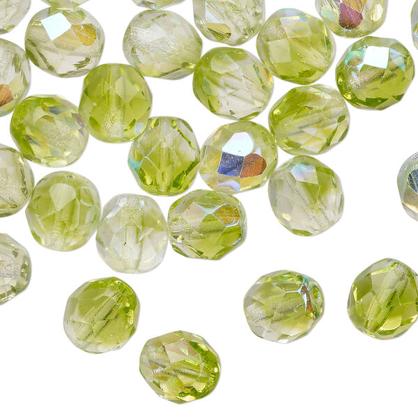 Bead 1pkg50 Czech fire-polished glass, 8mm faceted round, translucent clear / peridot green AB image number 0