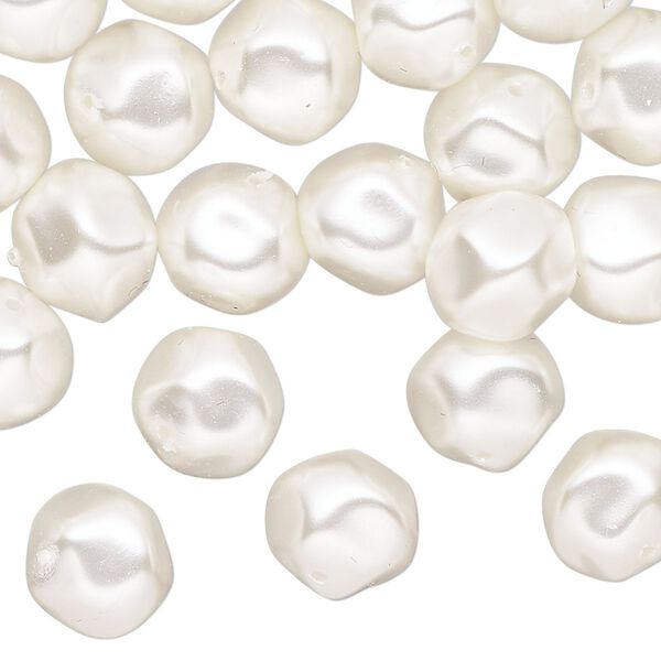 Bead, glass pearl, coated glass, white, 11x8mm faceted round. Sold per 18 " strand, approximately 50 beads. image number 0
