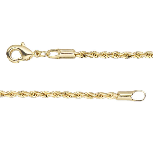 Chain, gold-finished brass, 2.1mm rope, 18 inches with lobster claw clasp. Sold individually. image number 0