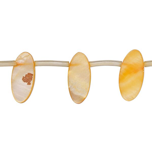 Bead, mother-of-pearl shell (dyed), orange, 15x5mm-16x7mm top-drilled flat oval, Mohs hardness 3-1/2. Sold per 14-inch strand, approximately 25 beads. image number 0