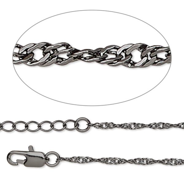 Chain, gunmetal-plated brass, 2mm Singapore, 7-1/2 inches with 1 to 3 inches extender chain and lobster claw clasp. Sold per pkg of 2. image number 0