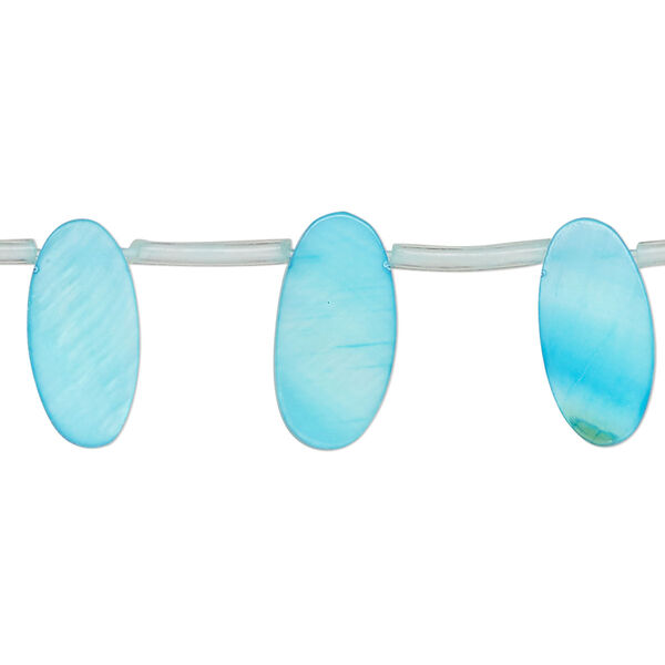 Bead, mother-of-pearl shell (dyed), blue, 15x6mm-17x7mm top-drilled flat oval, Mohs hardness 3-1/2. Sold per 14-inch strand, approximately 25 beads. image number 0