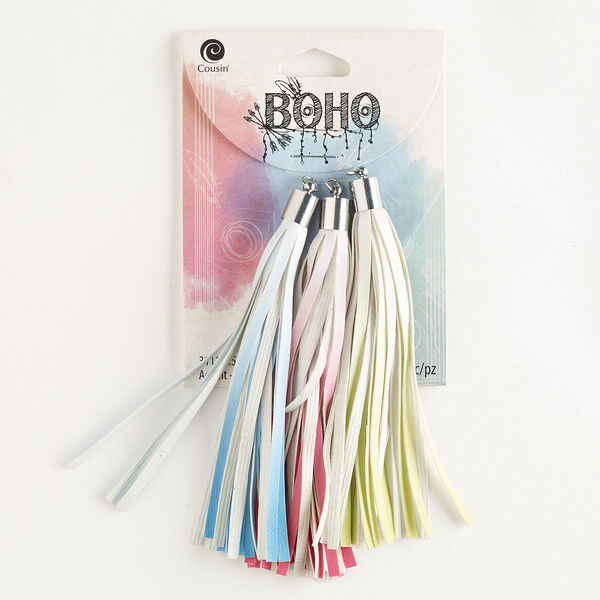 Tassel assortment, silver-finished steel and acrylic, mixed ombré colors, 4 inches with cord cap. Sold per pkg of 3. image number 0