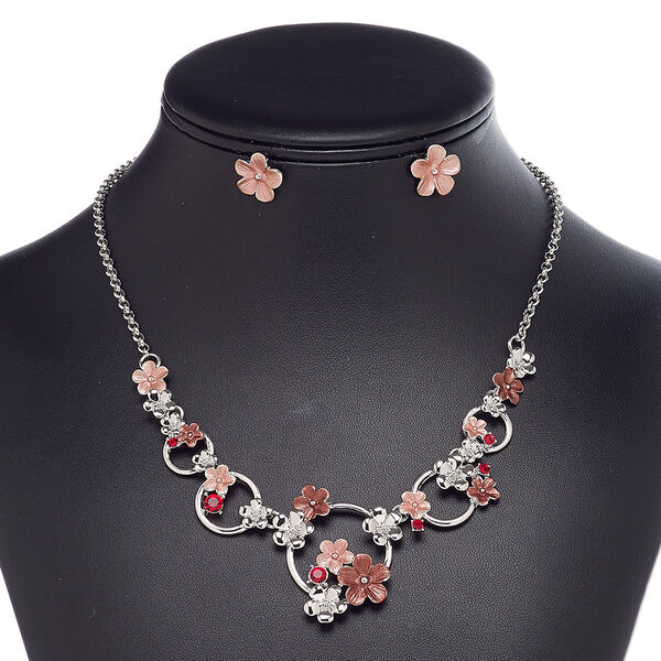 Necklace and earring set, enamel / glass rhinestone / imitation rhodium-finished steel / brass / "pewter" (zinc-based alloy), red / pink / dark pink, flower, 18-inch necklace with 2-inch extender chain and lobster claw clasp, 14mm flower with post. Sold per set. image number 0