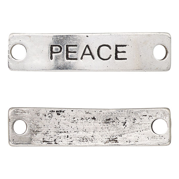 Link, antique silver-finished "pewter" (zinc-based alloy), 40x9mm single-sided curved flat rectangle with "PEACE." Sold per pkg of 2. image number 0