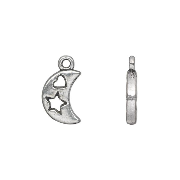 Charm, antique silver-plated "pewter" (zinc-based alloy), 13x10mm double-sided moon with cutout star and heart. Sold per pkg of 20. image number 0