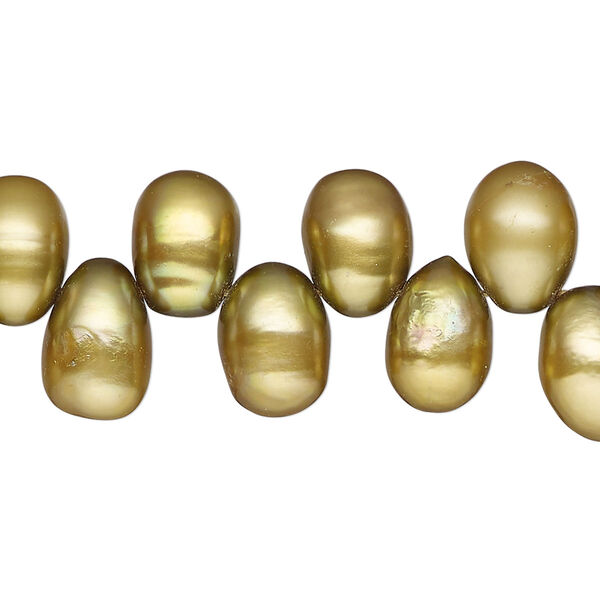 Pearl, cultured freshwater pearl (dyed), golden pear, 10x7mm-12x8mm top-drilled teardrop , C- grade, Mohs hardness 2-1/2 to 4. Sold per 15" strand, approximately 65 beads. image number 0