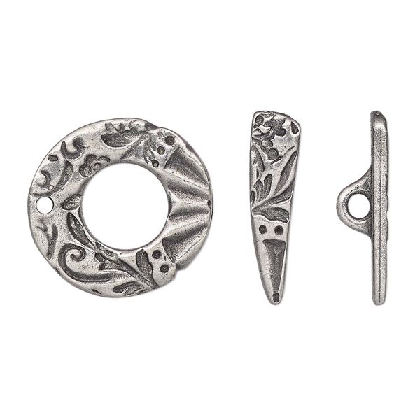 Clasp, TierraCast®, "Vida Mas Dulce" collection, toggle, antiqued pewter (tin-based alloy), 19.5x19mm ring with flora design. Sold per pkg of 10. image number 0