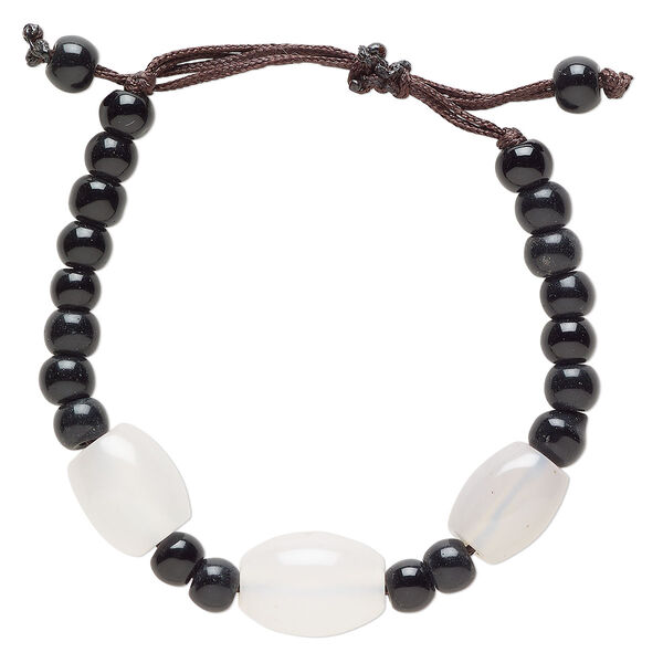 White agate / glass / waxed cotton 1pkg1, oval bracelet adjustable 5-7.5 inch 12mm image number 0
