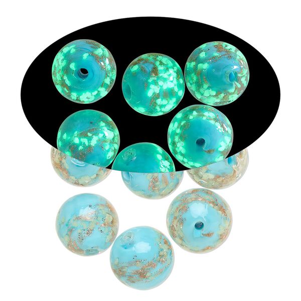 Bead, lampworked glass, clear / light blue / glow-in-the-dark / gold, 12mm round. Sold per pkg of 6. image number 0