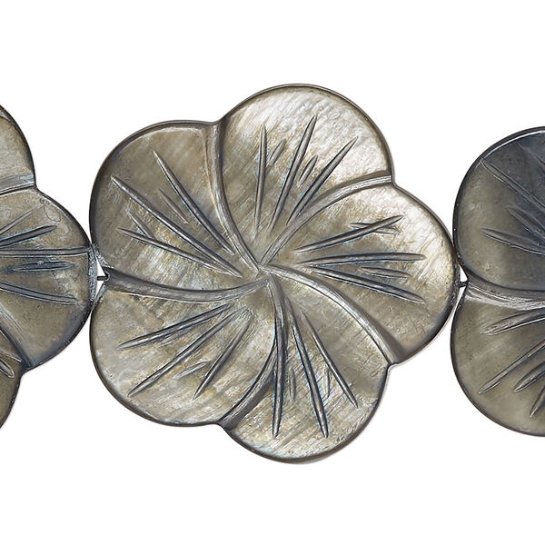 Bead, mother-of-pearl shell (dyed), dark steel blue, 30mm carved flat flower, 0.6-0.8mm hole, Mohs hardness 3-1/2. Sold per 15-inch strand. image number 0