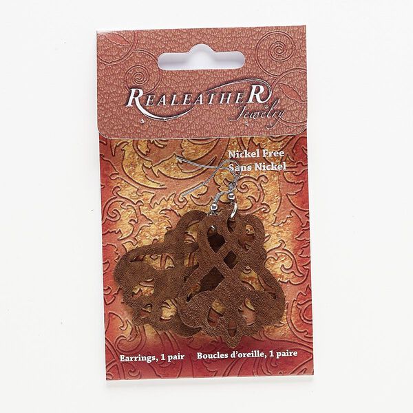 Earring, suede and silver-finished "pewter" (zinc-based alloy), brown, 2-1/2 to 2-3/4 inches with cutout design. Sold per pair. image number 0