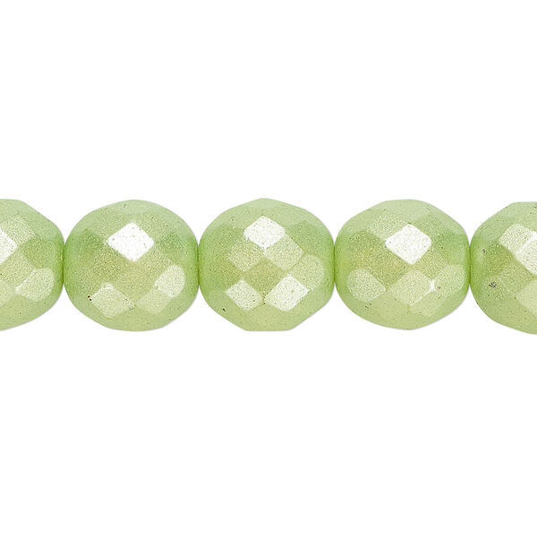 Bead, Czech fire-polished dipped décor glass, pkg/15-1/2 to 16 inches, 12mm faceted round, opaque pearlescent lime green, (00030-02354). image number 0