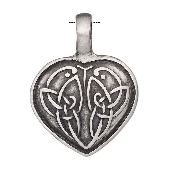 Pendant, Powerful Pewter Pendants, antiqued pewter (tin-based alloy), 37.5x28mm single-sided heart with Celtic knot design and 6mm hole. Sold individually. image number 0