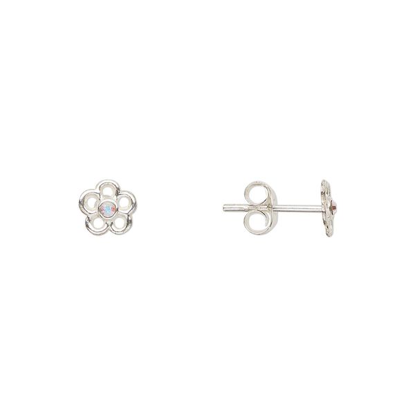 Earstud, Create Compliments®, sterling silver and crystal, clear AB, 6mm flower. Sold per pair. image number 0