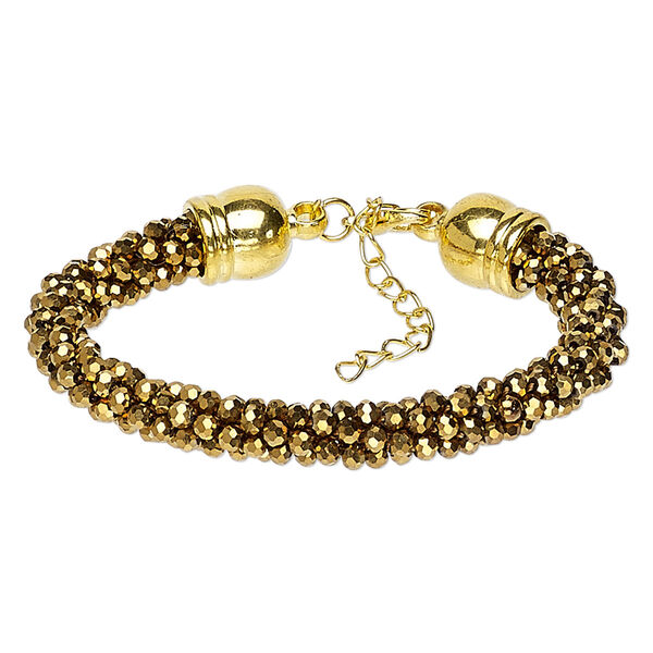 Bracelet, glass / gold-coated plastic / gold-finished steel / "pewter" (zinc-based alloy), metallic gold, 7.5mm wide, 8 inches with 2-inch extender chain and lobster claw clasp. Sold individually. image number 0