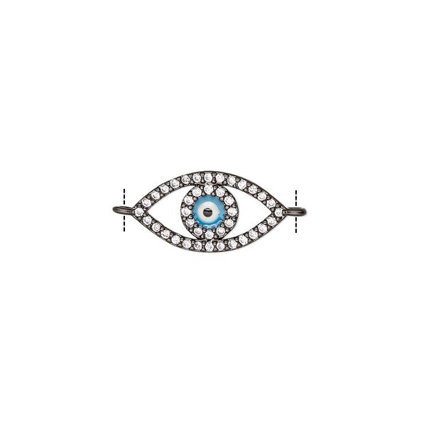 Link, black-finished brass / cubic zirconia / enamel, multicolored, 16x8mm single-sided eye. Sold individually. image number 0