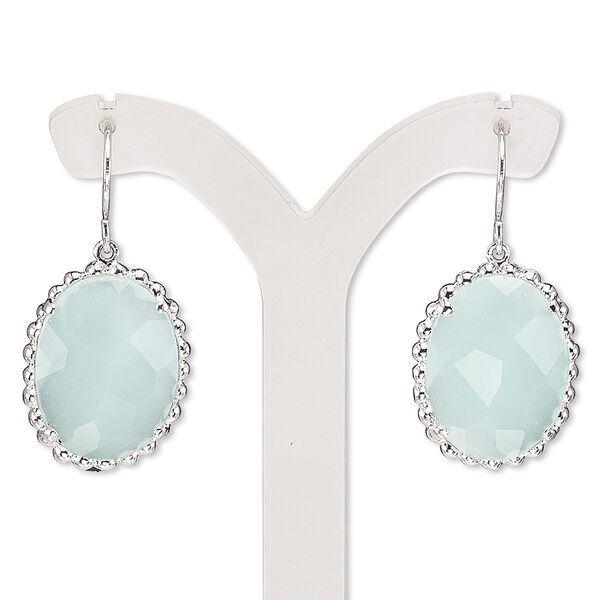 Earring, glass and rhodium-plated brass, light pastel green, 33mm with beaded oval and fishhook ear wire. Sold per pair. image number 0