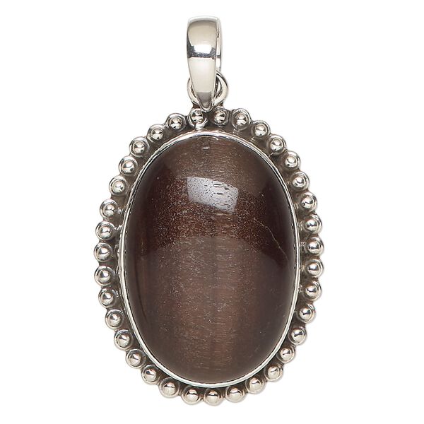 Pendant, red tigereye (heated) and antiqued sterling silver, 33x26mm-37x27mm beaded oval. Sold individually. image number 0