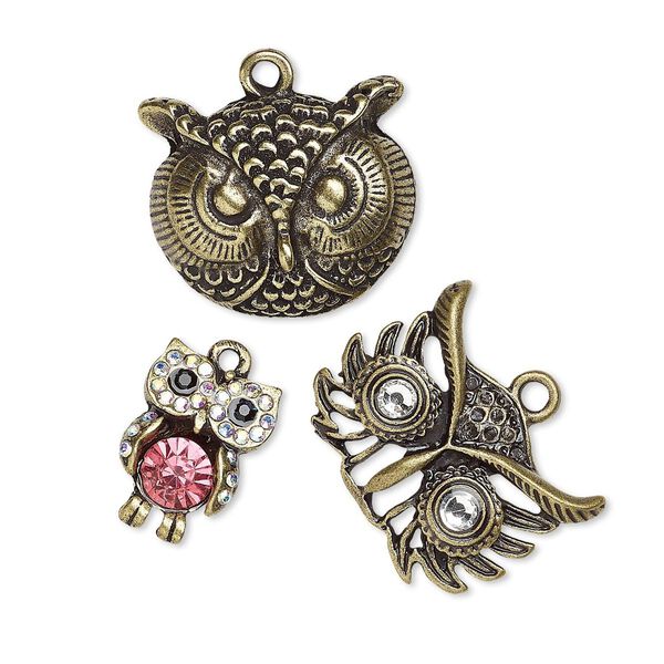 Charm, glass rhinestone and antique brass-finished "pewter" (zinc-based alloy), clear AB / pink / black, 19x13mm singled-sided owl / 27x21mm single-sided owl head / 26x22mm single-sided owl head. Sold per 3-piece set. image number 0